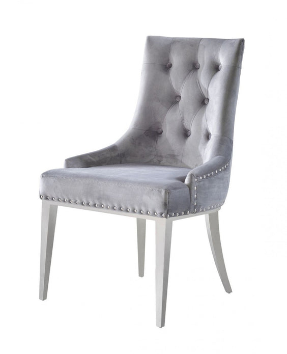 Set of Two Grey Velvet Tufted Dining Chairs