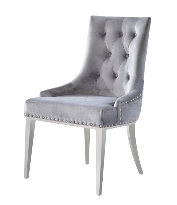 Set of Two Grey Velvet Tufted Dining Chairs