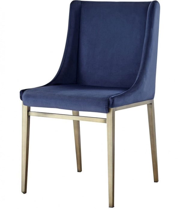 Set of Two Blue Velvet Antique Brass Contemporary Dining Chairs