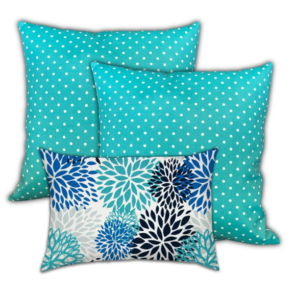 Set of 3 Turquoise Polka Indoor Outdoor Zippered Pillow Covers