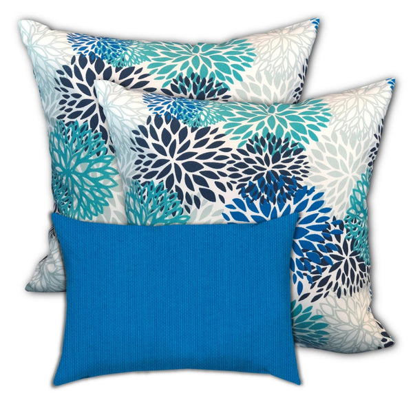 Set of 3 Blue Blooms Indoor Outdoor Zippered Pillow Covers