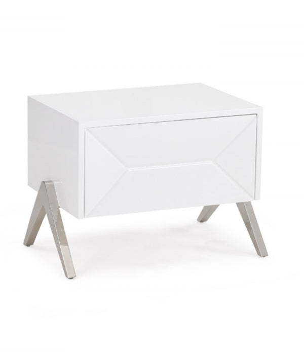 Modern Silky White Nightstand with One Drawer and Steel Legs