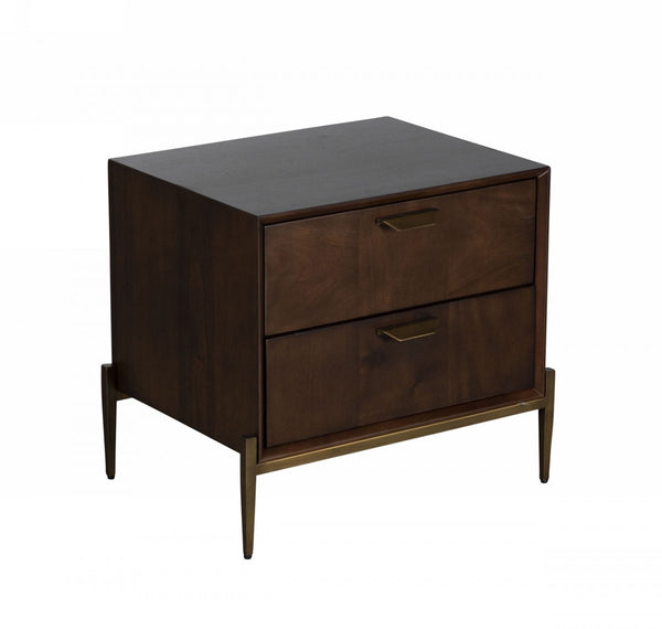 Modern Dark Mango Acacia and Brass Nightstand with Two Drawers