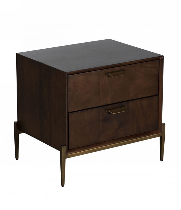 Modern Dark Mango Acacia and Brass Nightstand with Two Drawers