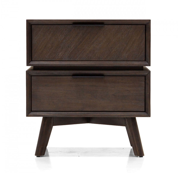 Mid Century Acacia Nightstand with Two Drawers and Black Metal Handles