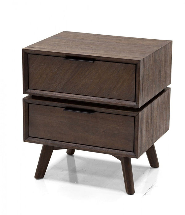 Mid Century Acacia Nightstand with Two Drawers and Black Metal Handles