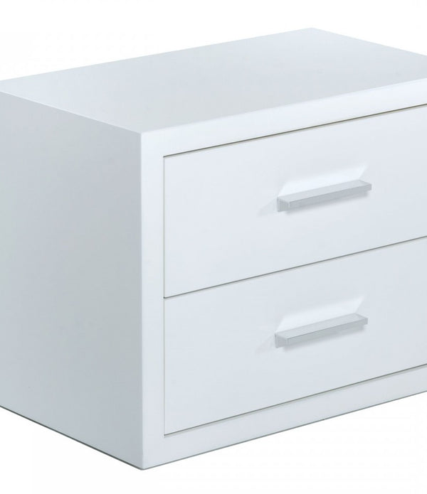 Modern Glossy White Box Nightstand with Two Drawers