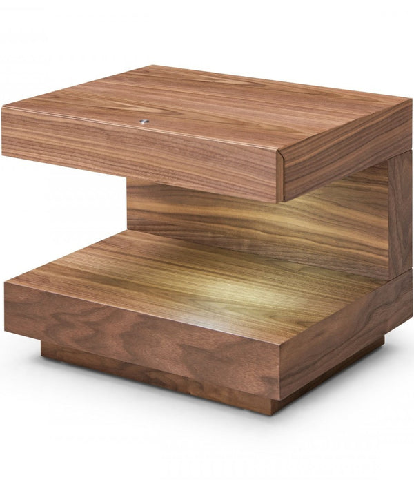 Contemporary LED Lit Walnut Nightstand with One Drawer