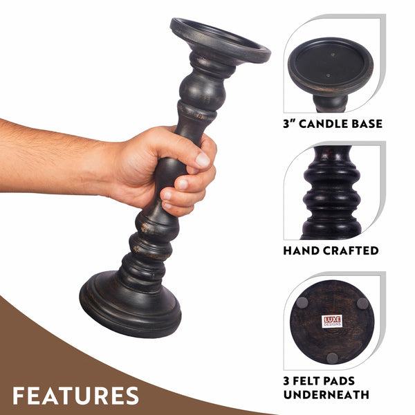 Set of Three Matte Black Genuine Wood Hand Carved Pillar Candle Holders