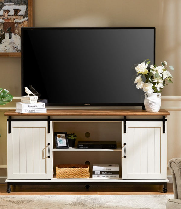 White and Oak Modern Farmhouse TV Stand with Storage