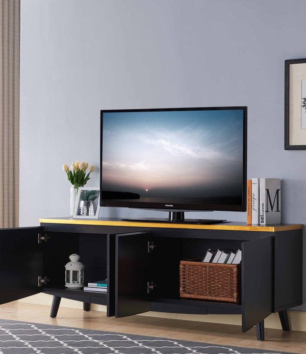 Black TV Stand with Gold Trim and Four Door Panels