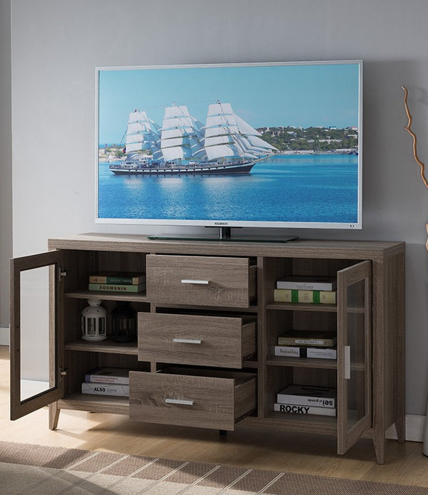 Modern Rustic Dark Taupe Tall TV Stand with two Glass Cabinets