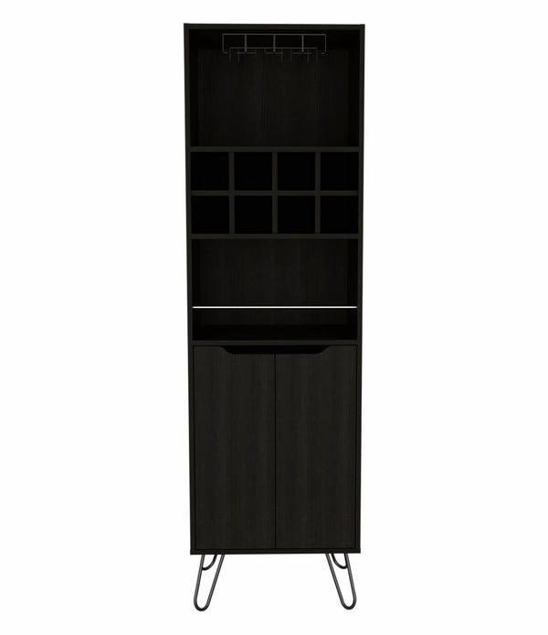 Black Tall Bar Cabinet with Two Door Panels and Top Wine Glass Rack