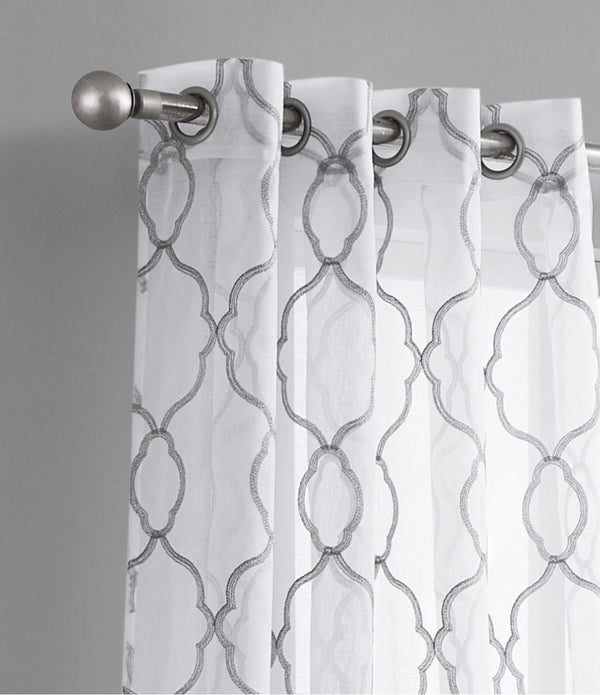 84” Silver Trellis Pattern Embroidered Window Curtain Panel