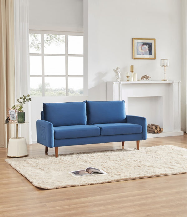 Blue Contemporary Velvet Sofa with Side Pockets