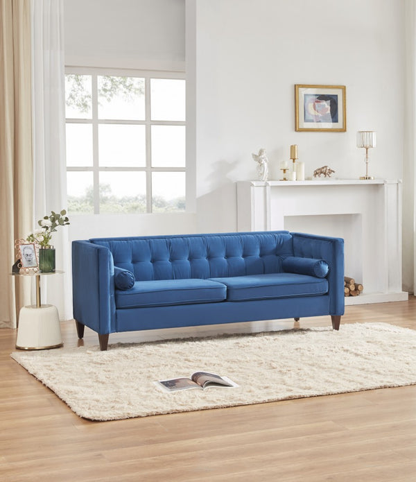 Blue Velvet Upholstered Sofa with Bolster Pillows