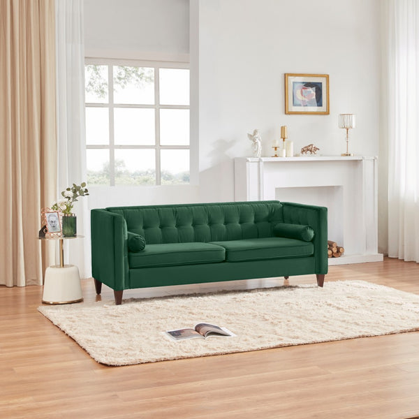 Green Velvet Upholstered Sofa with Bolster Pillows