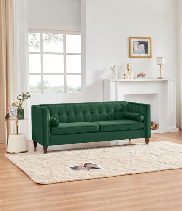 Green Velvet Upholstered Sofa with Bolster Pillows