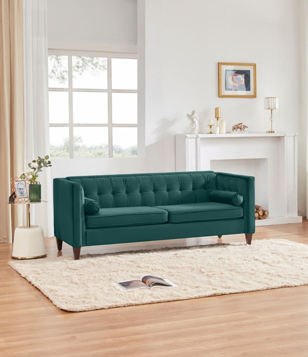 Teal Velvet Upholstered Sofa with Bolster Pillows