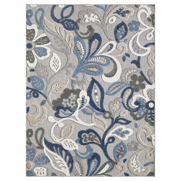 5" x 7" Blue Gray Jacobean Floral Indoor Outdoor Area Rug