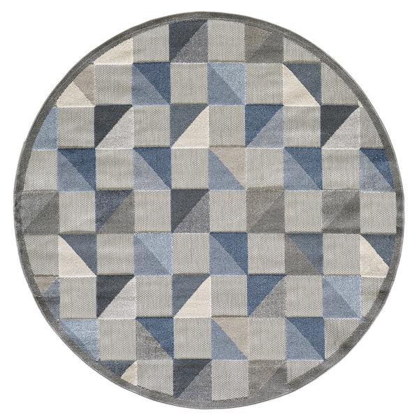 8" Round Blue Gray Triangle Indoor Outdoor Area Rug