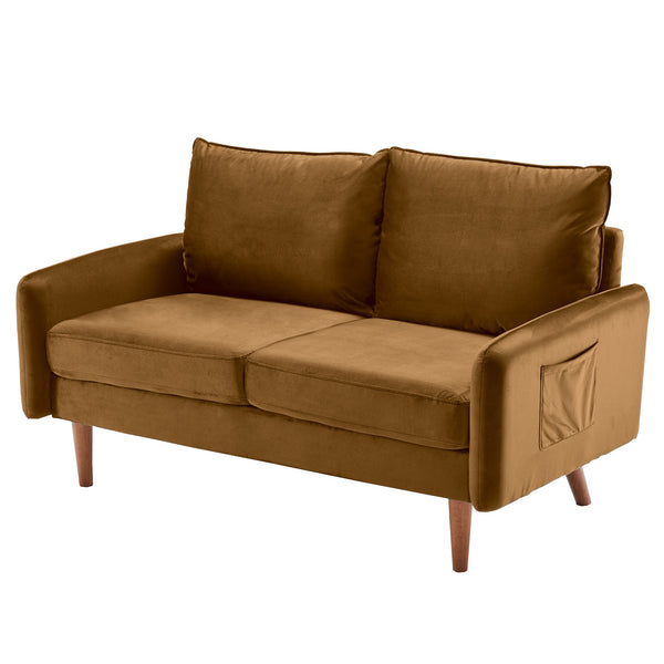 Ginger Brown Velvet Modern Loveseat with Side Pockets