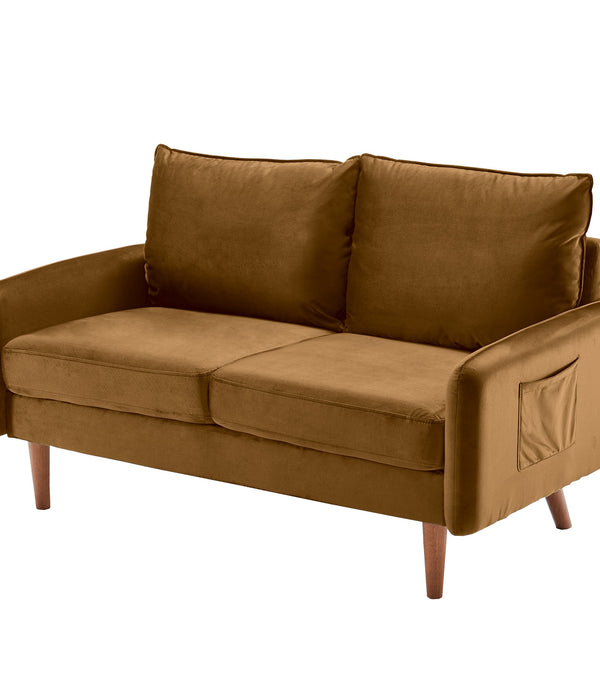 Ginger Brown Velvet Modern Loveseat with Side Pockets