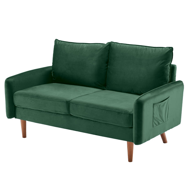 Dark Green Velvet Modern Loveseat with Side Pockets