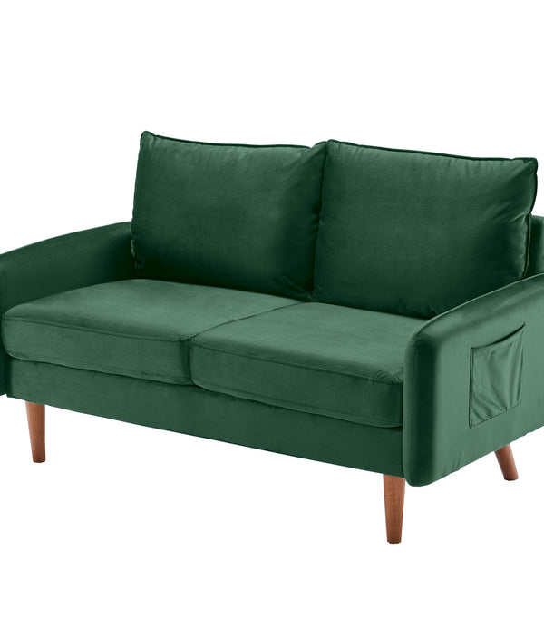 Dark Green Velvet Modern Loveseat with Side Pockets