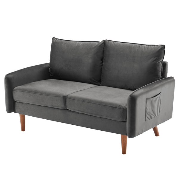 Trout Gray Velvet Modern Loveseat with Side Pockets