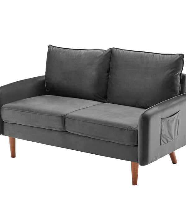 Trout Gray Velvet Modern Loveseat with Side Pockets