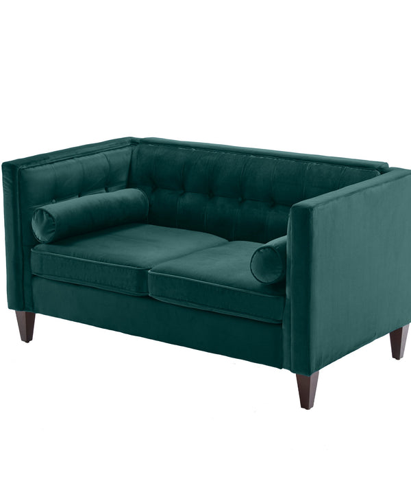 Blue Velvet Upholstered Loveseat with Bolster Pillows