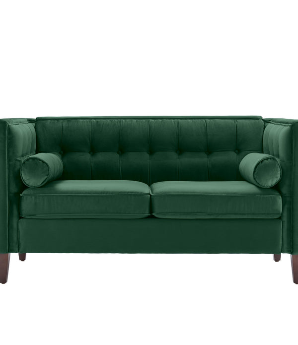 Green Velvet Upholstered Loveseat with Bolster Pillows