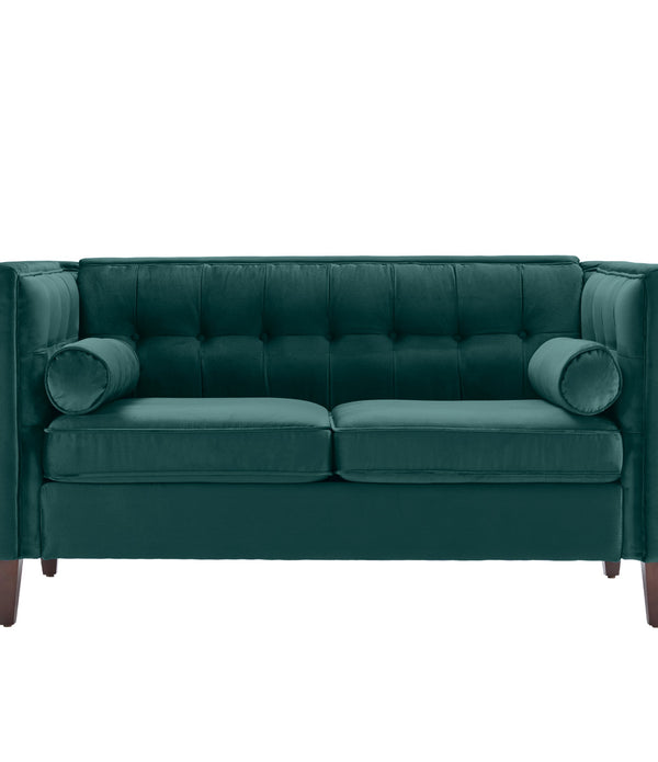 Teal Velvet Upholstered Loveseat with Bolster Pillows