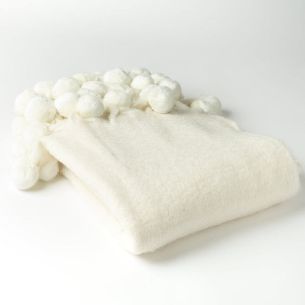 Plush White Wool Blend Throw With Pom Pom Trim Detail