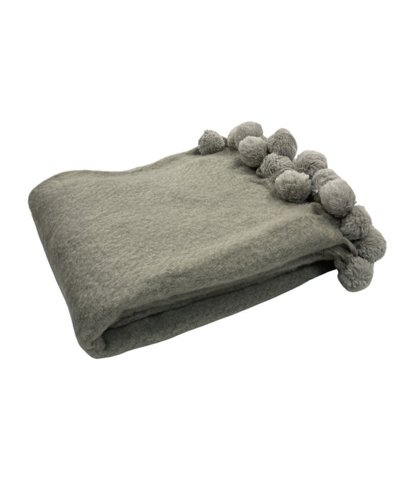 Plush Grey Wool Blend Throw With Pom Pom Trim Detail