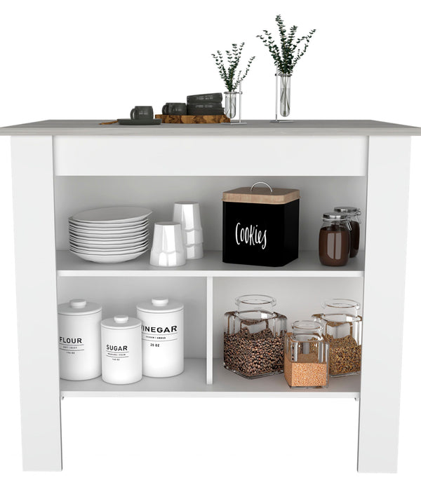 Marble and White Kitchen Island with Three Storage Shelves