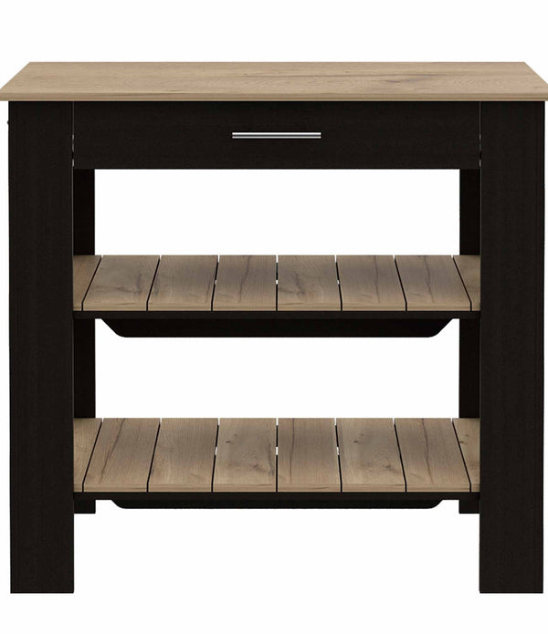 Light Oak and Black Kitchen Island with Drawer and Two Open Shelves