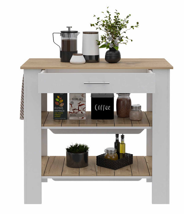 Light Oak and White Kitchen Island with Drawer and Two Open Shelves