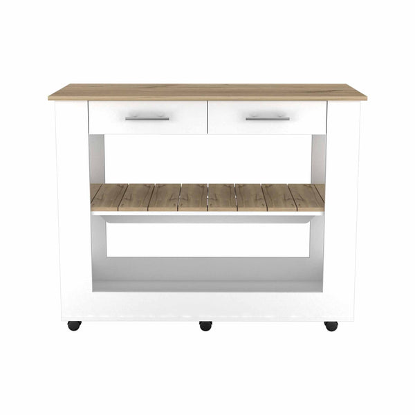 Light Oak and White Kitchen Island with Drawer Shelves and Casters