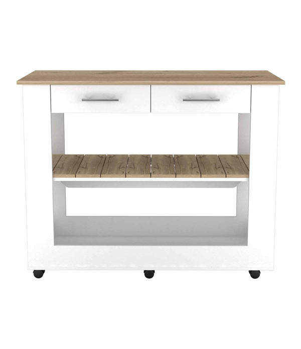 Light Oak and White Kitchen Island with Drawer Shelves and Casters