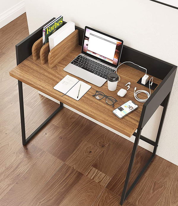 Contemporary Brown and Black Computer And Writing Desk with USB Port