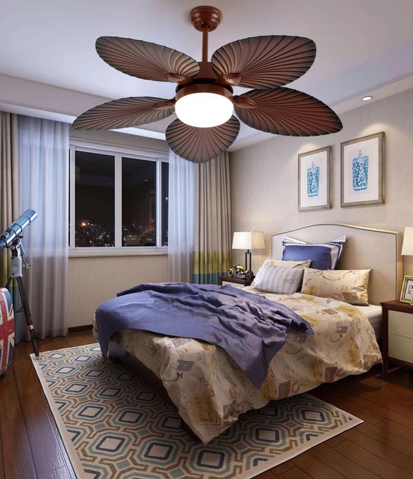 Brown Tropical Palm Metal Ceiling Lamp And Fan