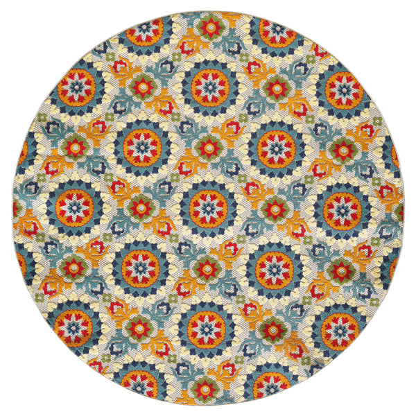 8" Round Orange Floral Lattice Indoor Outdoor Area Rug