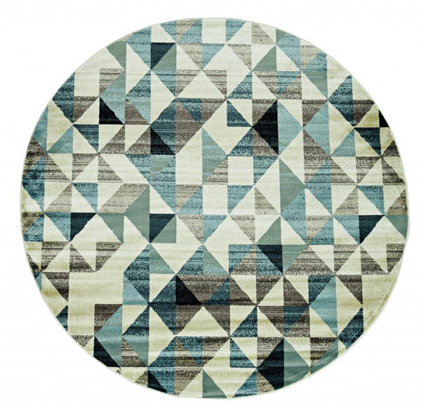 8" Round Blue Beige Nested Diamonds Modern Area Rug