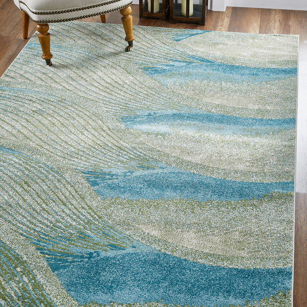 5" x 8" Blue Beige Abstract Waves Modern Area Rug