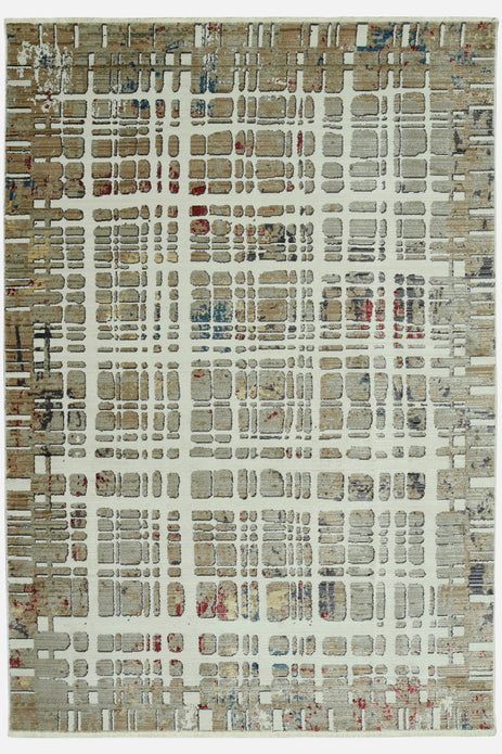 2" x 8" Ivory Khaki Distressed Plaid Runner Rug