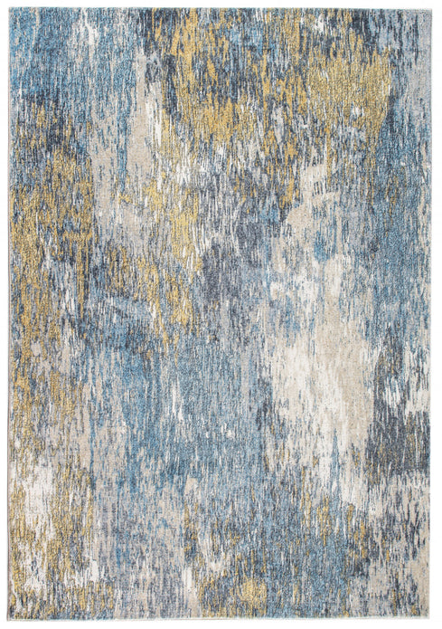 2" x 7" Blue Gold Abstract Painting Modern Runner Rug