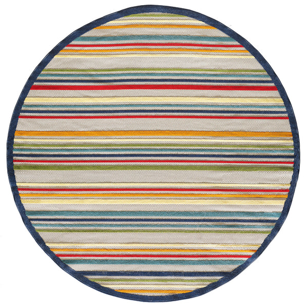 8" Round Navy Colorful Striped Indoor Outdoor Area Rug