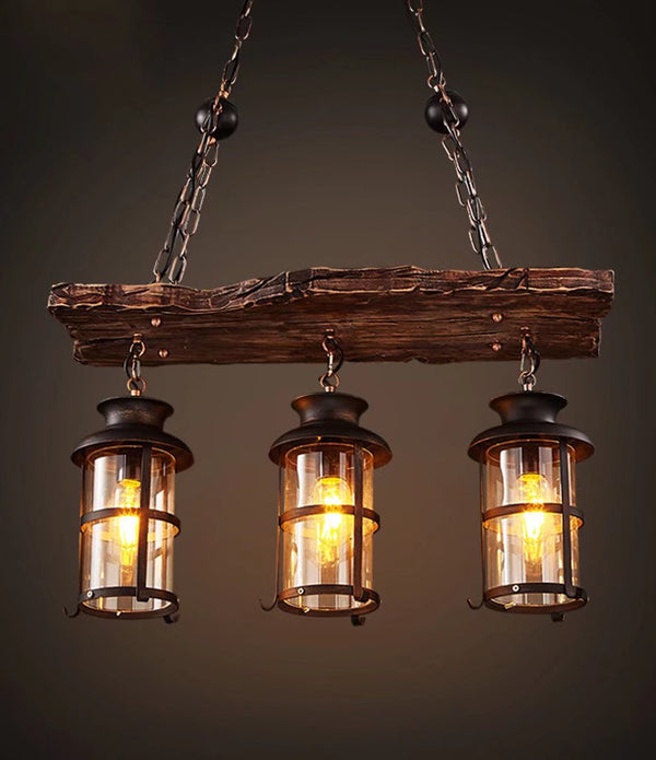 Rustic Wood and Metal Three Light Hanging Lantern Chandelier